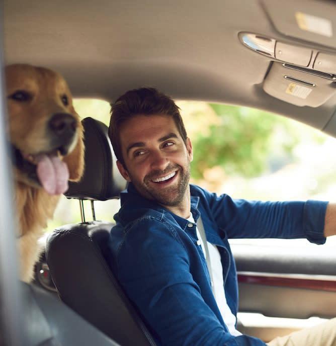 Happy driver with a dog in a backseat driving a leased car