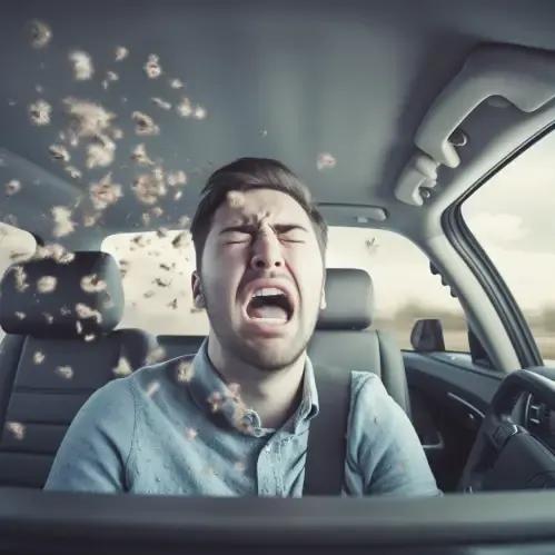 A driver in a car experiencing spring allergies